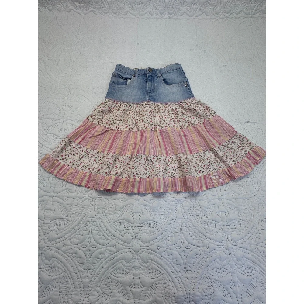 Mudd Girls Denim Tiered Floral Striped Skirt Size 6X Pink Yellow Blue Boho